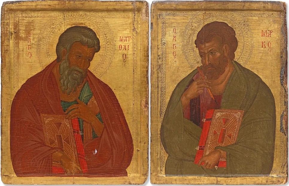 Fourteenth-century icons of St. Matthew and St. Mark side by side, each holding a Gospel book