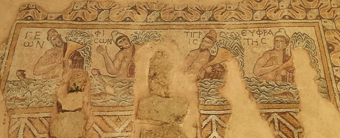 Floor mosaic of four half-length figures rising from rippling water, each labeled in Greek with the name of a river