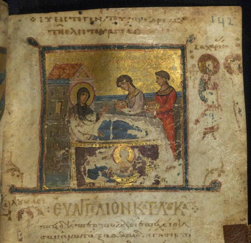 An illuminated Byzantine Gospel page: the birth of John the Baptist in a gold-backed frame above the opening words of Luke